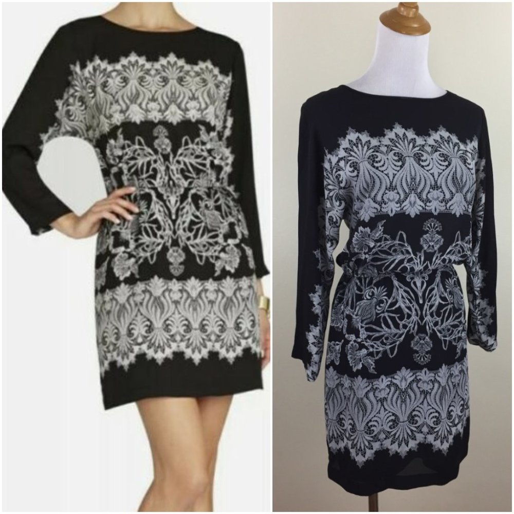 BCBGMAXAZRIA Black Combo SIMONE Dolman Sleeve Printed Elastic Waist Dress